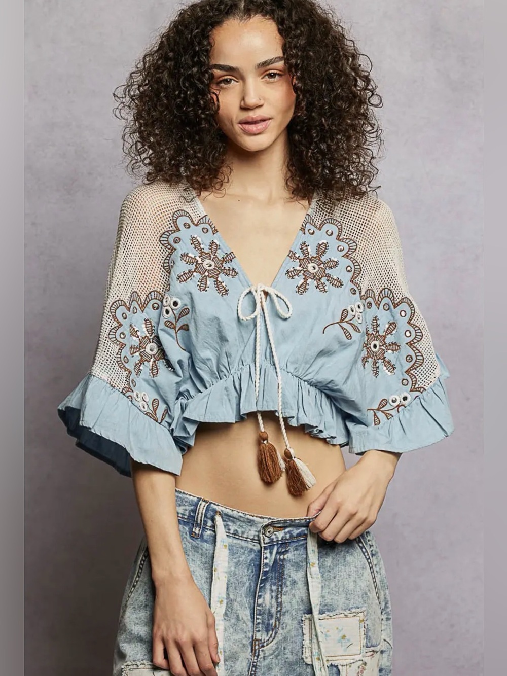 POL Light Blue Embroidered Tie-Front Crop Top - Picture 2 of 7